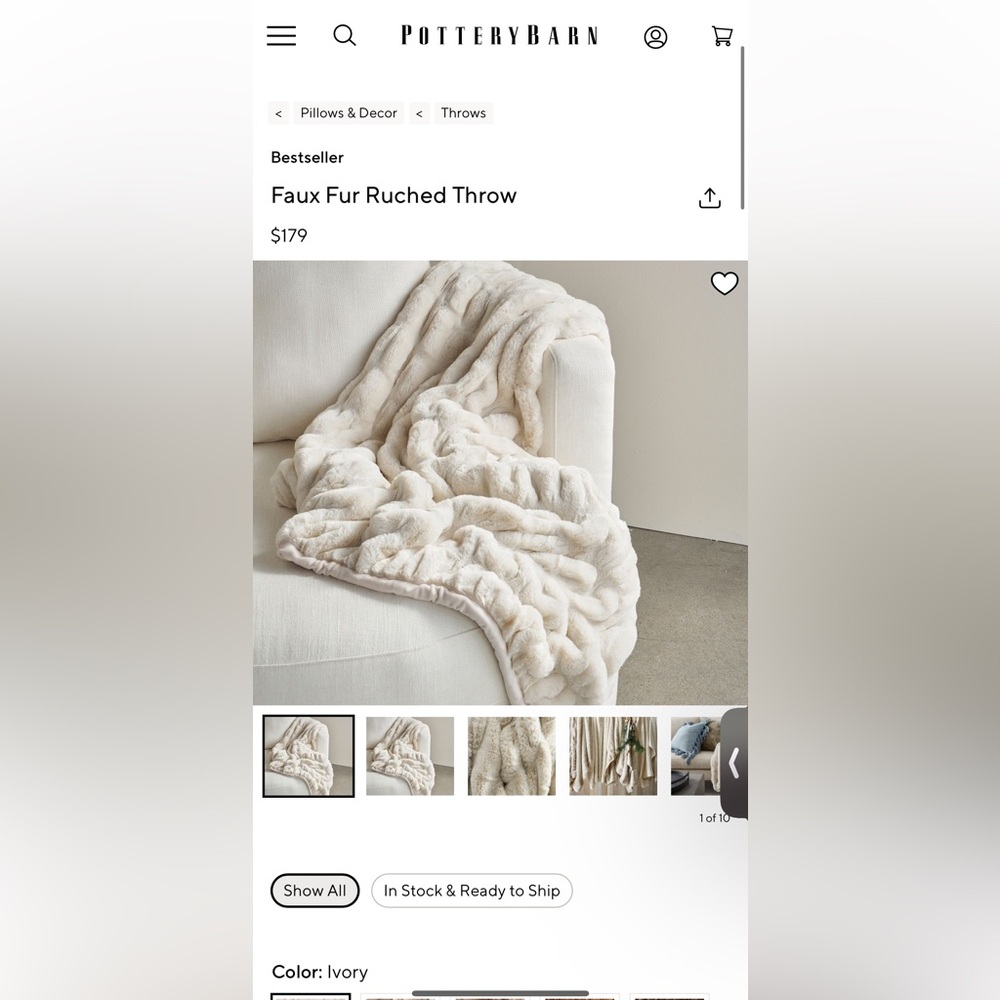 Pottery Barn Faux Fur Ruched Throw in Ivory- 50x60 in NEW
